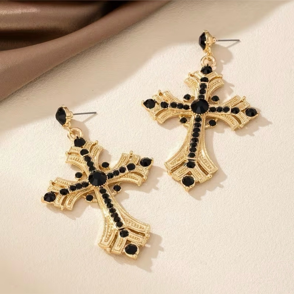 Religious Cross Earrings Gold Tone New - Picture 2 of 5